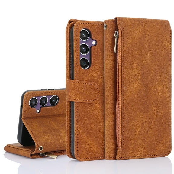 Dteck Case for Samsung Galaxy A14 5G,Durable PU Leather Magnetic Flip Zipper Card Holder Wallet Case Shockproof Rubber Kickstand Cover with Wrist Strap for Galaxy A14 5G, Brown