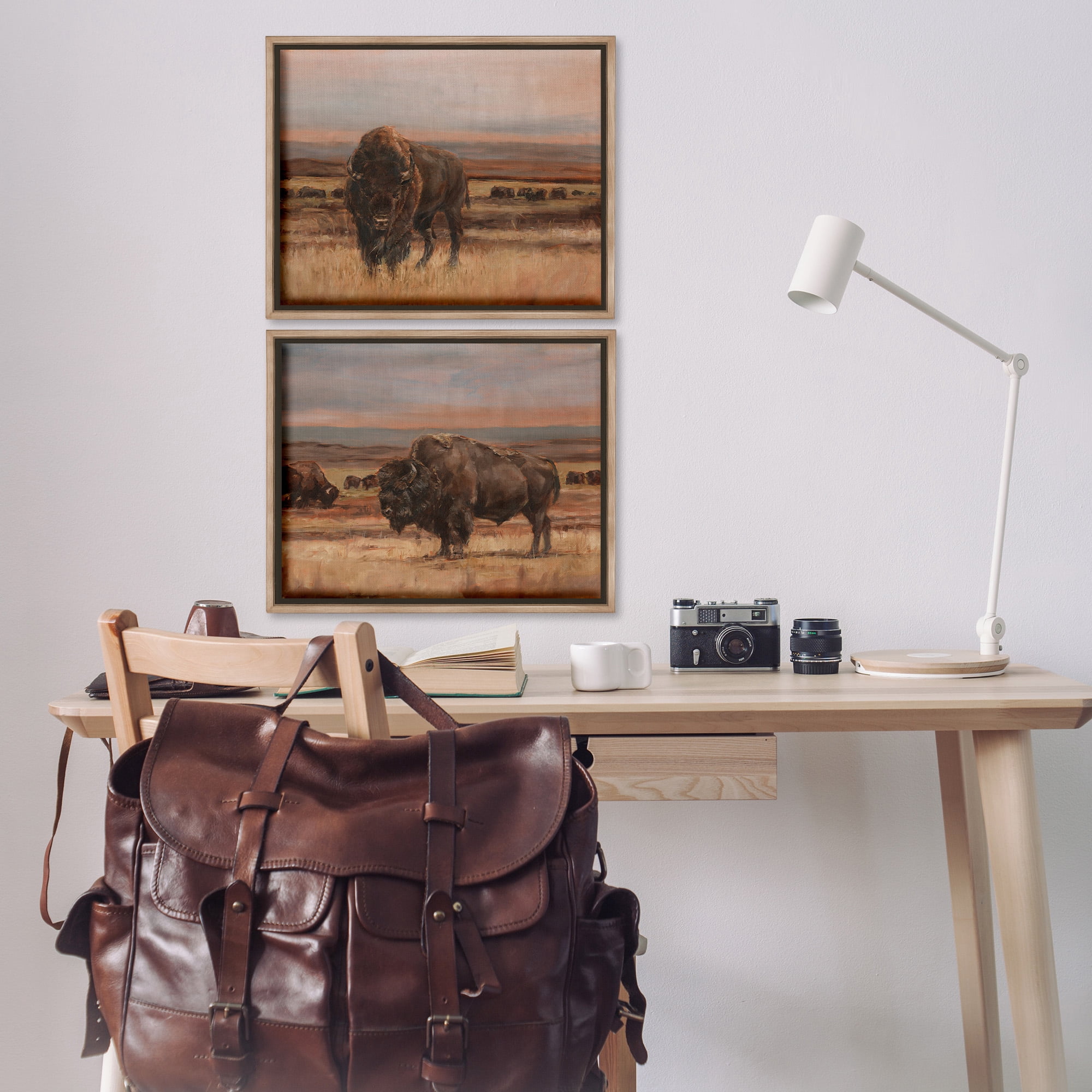 Stupell Industries Scattered Bison & Farmland Animals & Insects Painting Brown Floater Framed Canvas Art Print Wall Art, 21 x 17, Set of 2