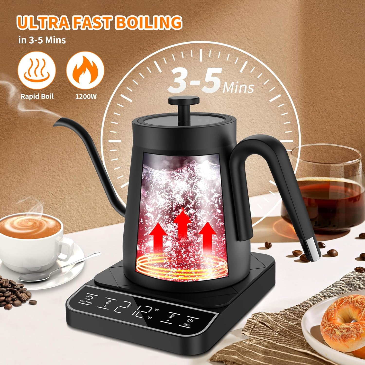 Electric Gooseneck Kettle with Digital Temperature Control, ±1℉ Precision Adjustable Pour Over Kettle for Coffee Tea Brewing, Hot Water Boiler
