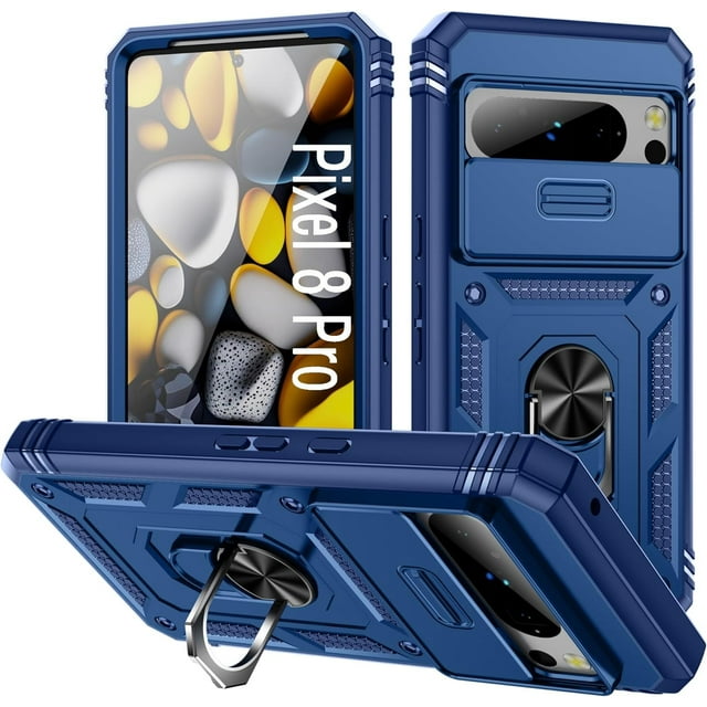 KOMI Case for Pixel 8 Pro, Slide Lens Protective Case Shockproof Impact Resistant with Kickstand Cover Case for Google Pixel 8 Pro Dark Blue