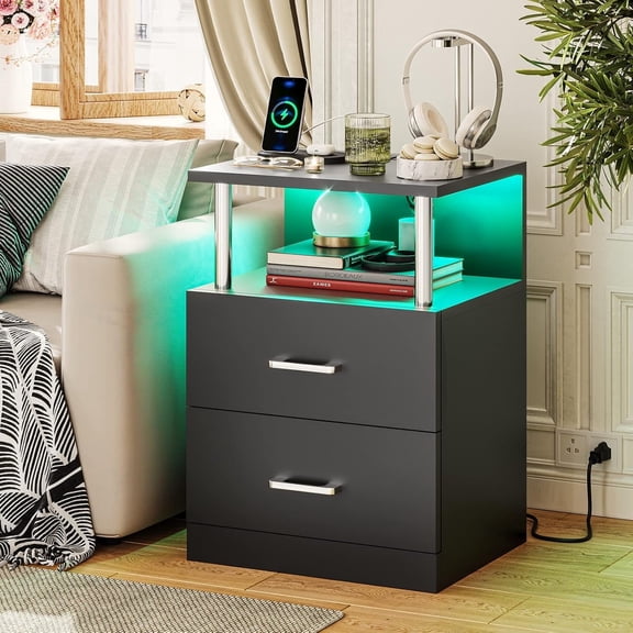 Black Nightstand with Charging Station and USB Ports, LED Night Stand with 2 Drawers, Modern End Side Tables with Open Storage, Bedside Tables for Bedroom, Office