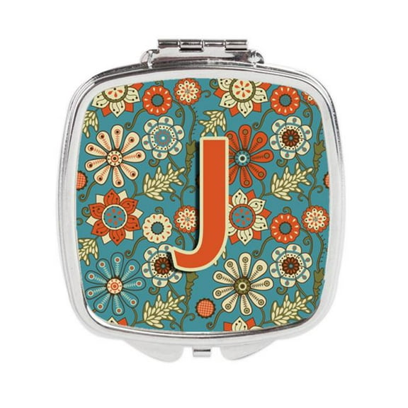 Letter J Flowers Retro Blue Compact Mirror