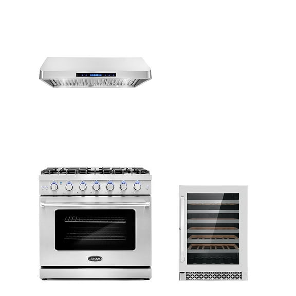 Cosmo 3 Piece Kitchen Appliance Packages with 36" Freestanding Gas Range Kitchen Stove 36" Under Cabinet Range Hood & 48 Bottle Freestanding Wine Refrigerator Kitchen Appliance Bundles