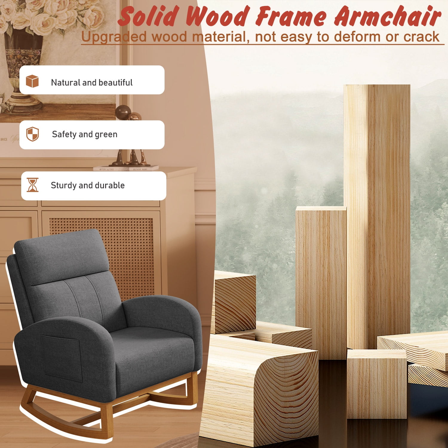 Glider Rocking Chair Nursery Comfy Accent Chair with High Backrest Upholstered Living Room Chairs with Side Pocket Armchair Reading Chair for Bedroom Nursery Office, Grey