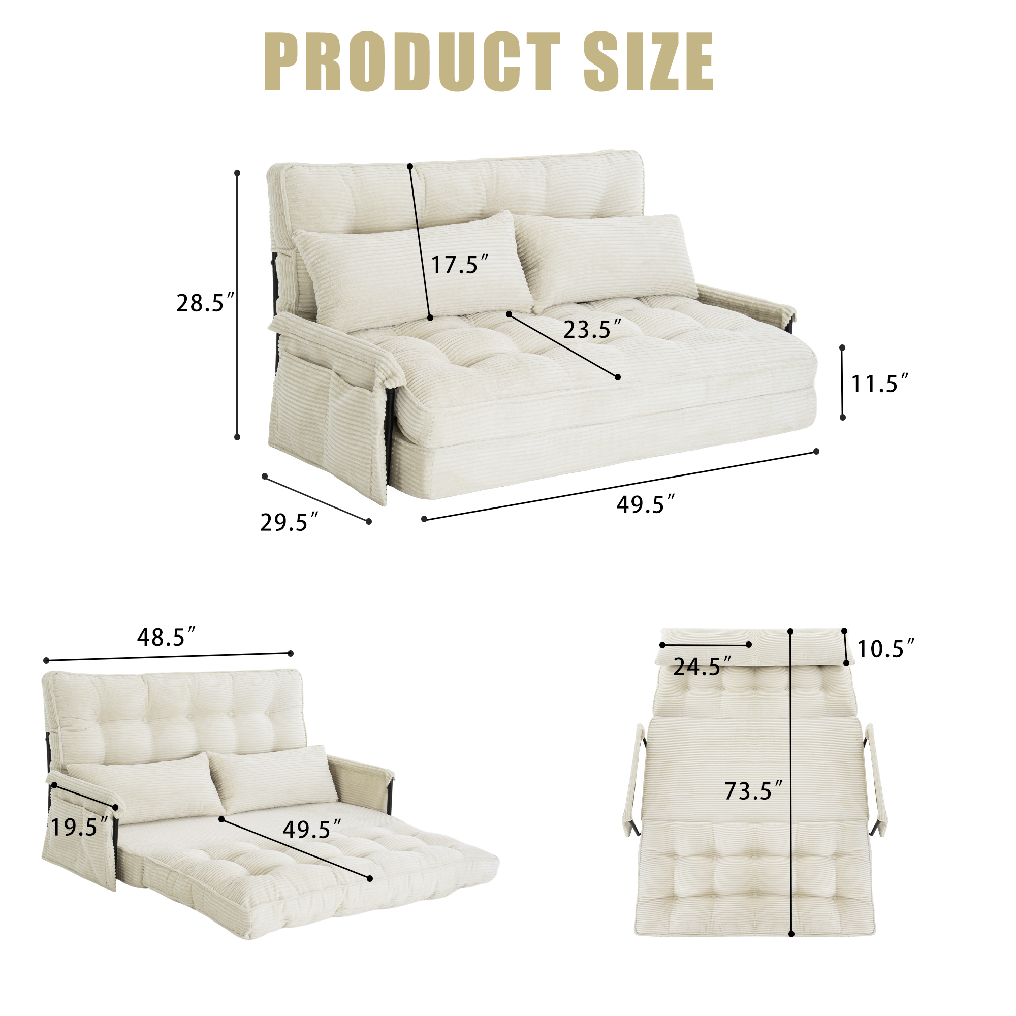 Convertible 5-Position Foldable Lazy Sofa Sleeper Bed with Armrest,Adjustable Floor Sofa Couch with 2 Pillows,Fold Out Floor Couch,Beige