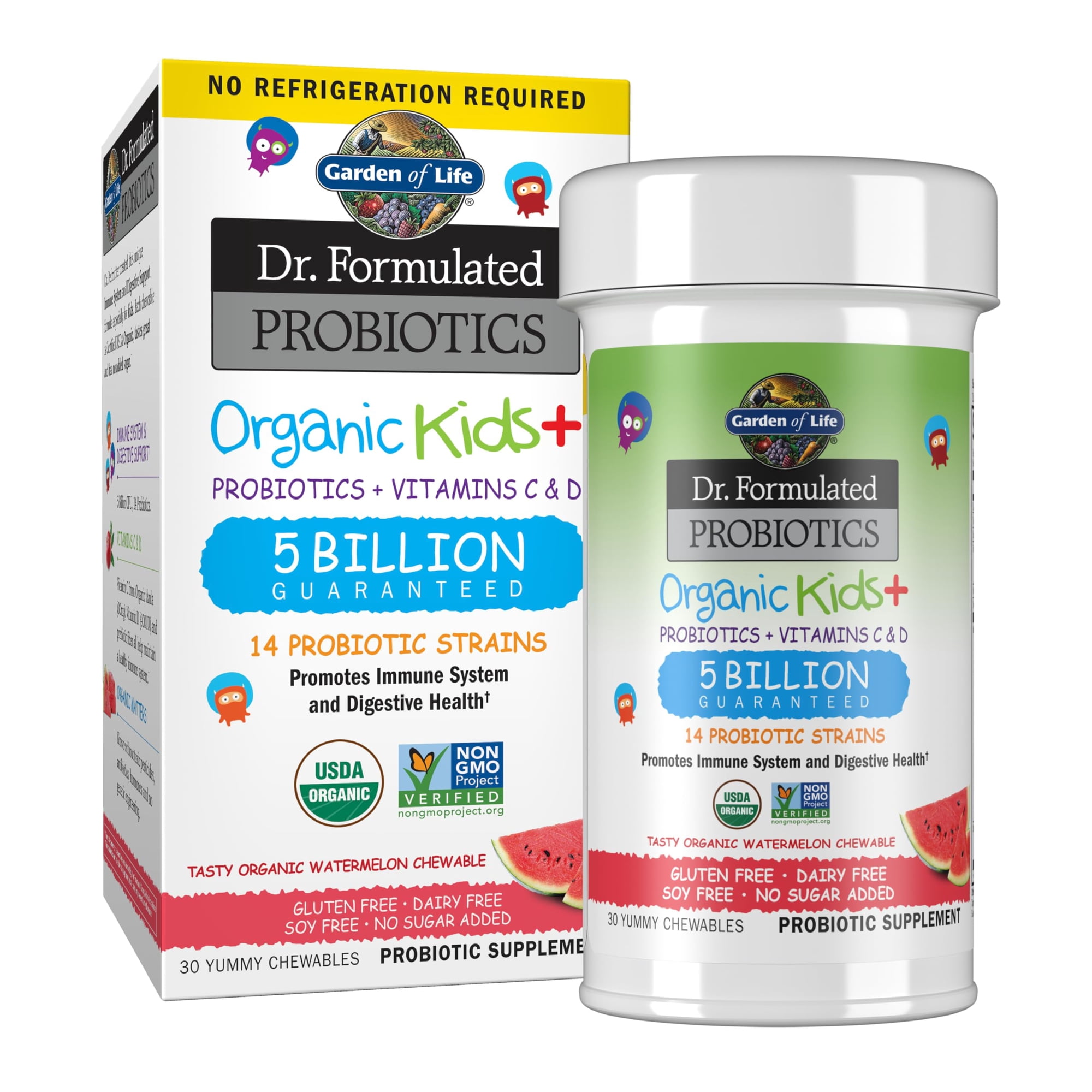 Garden of Life Dr. Formulated Probiotics Organic Kids+, with Vitamins C & D, Watermelon, 30 Chewables