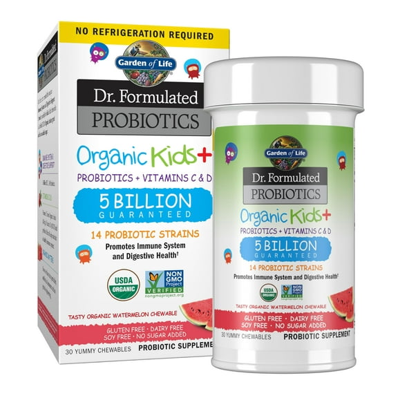Garden of Life Dr. Formulated Probiotics Organic Kids Plus Vitamin C & D - Watermelon - Gluten, Dairy & Soy Free Immune & Digestive Health Supplement, No Added Sugar, 30 Chewables (Shelf Stable)