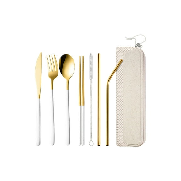 Leodye Portable Utensils, Travel Camping Cutlery Set, 7-Piece including Knife fork Spoon Chopsticks Cleaning Brush Straws Portable Case, Stainless Steel Flatware set