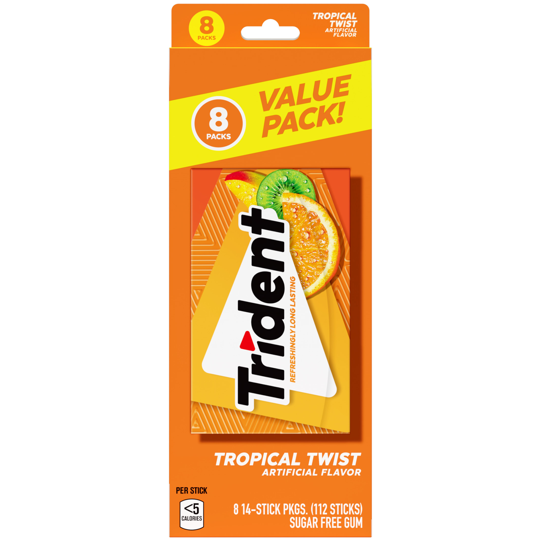Trident Tropical Twist Sugar Free Gum, Value Pack, 8 Packs of 14 Pieces (112 Total Pieces)