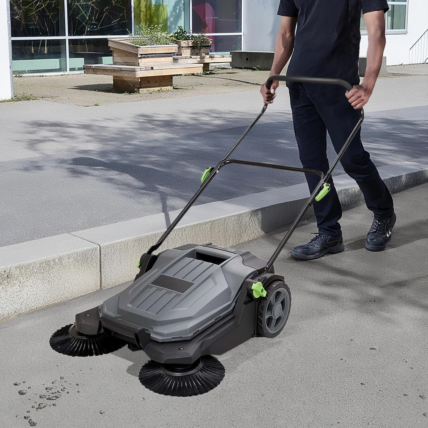 Walk-behind Hand Push Floor Sweeper, 25.6" Sweeping Width Floor Sweeper Manual Non-Electric, 5-Gallon Waste Container, Angle & Height Adjustable Folding Handle for Walkway, Yard, Garage, Patio