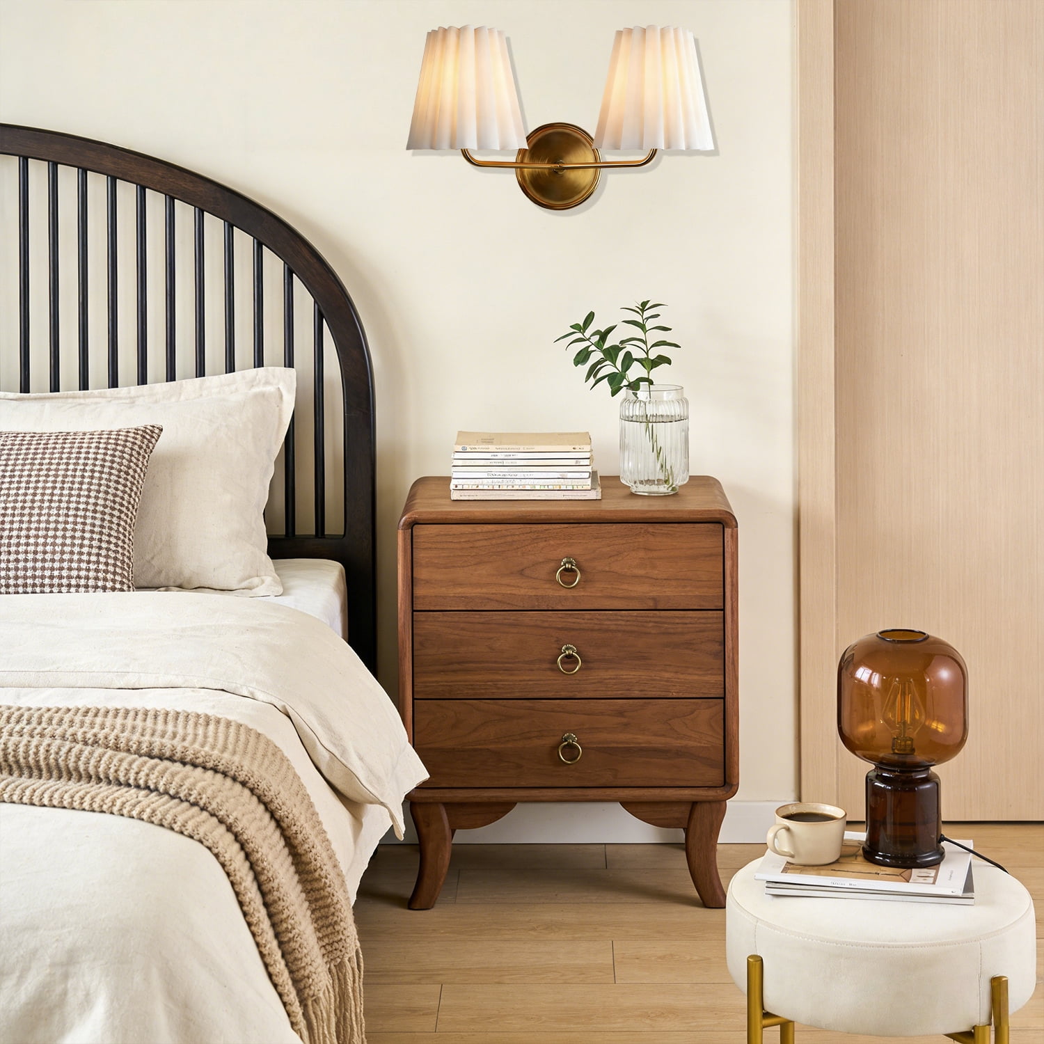 Mid-century Double Ivory Linen Shade with Antique Brass Metal Wall-Mounted Sconce, Unique Elegant Wall Light, Hand-polished Wall Lamp, Indoor Sconce for LIving Room, Dining Room, Bedroom, Entryway