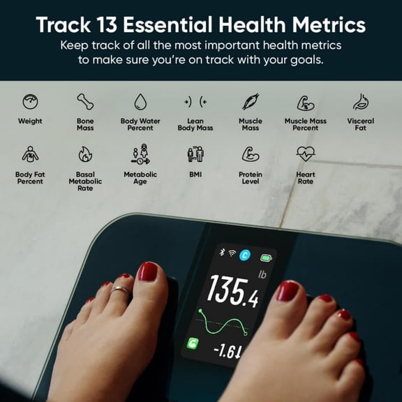 Smart Scale with 4.3" Color Display, Digital Bathroom Scale for Body Weight BMI Muscle Mass Composition, Wi-Fi & Bluetooth Body Fat Scale with Heart Rate- White