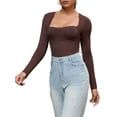 thumbnail image 4 of INSPIRE CHIC Women's Lace Square Neck Shapewear Bodysuit Long Sleeve Tummy Control Leotard Jumpsuit S Brown, 4 of 5