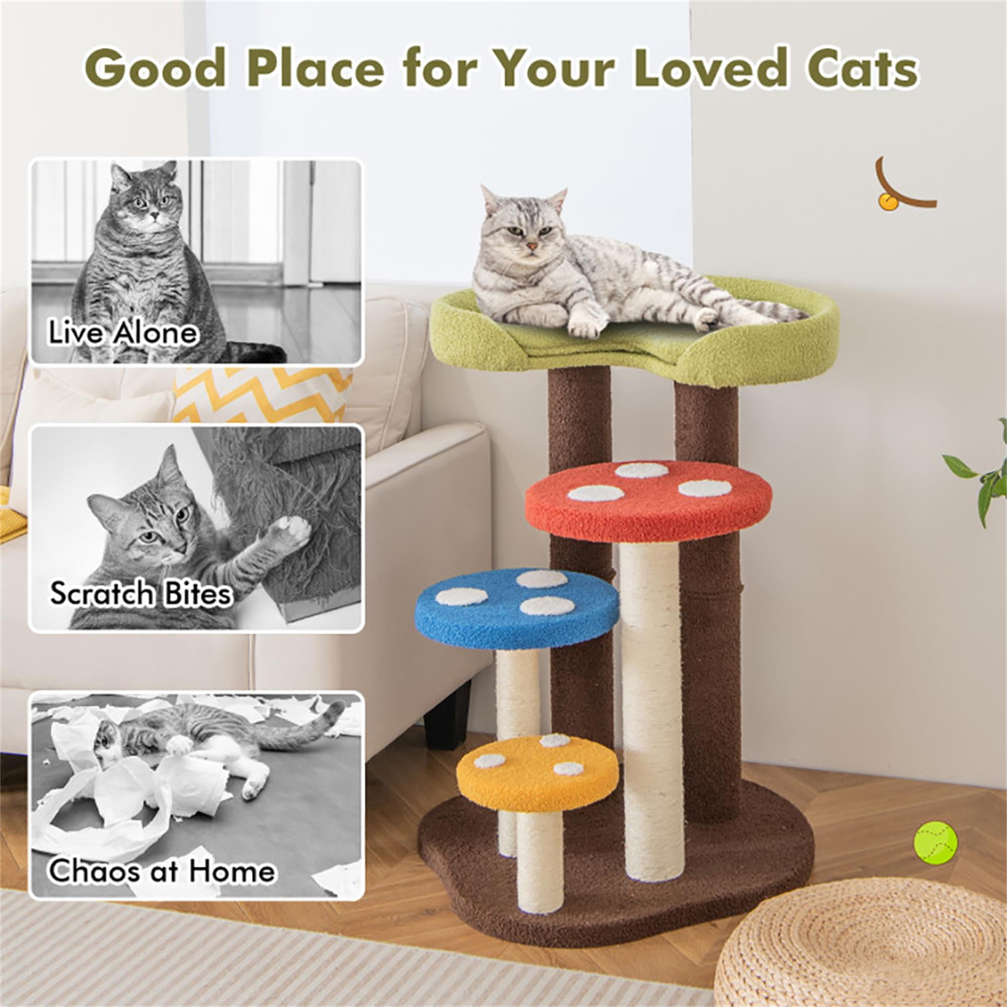 Kadyn 37" Cat Tree House, Small Cat Condo with Sisal Scratching Post, Mushroom Cat Tower, Multicolor