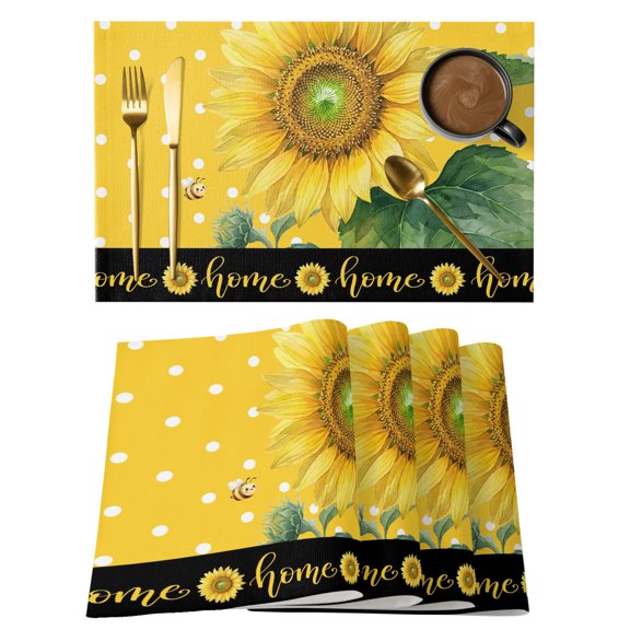 Home Script Placemats Set of 2 Rustic Farmhouse Yellow Sunflower Bee Polka Dot Heat Insulation Washable Place Mats, Non-Slip Table Mats for Dining Table Party Kitchen Decor, 13x19 Inch