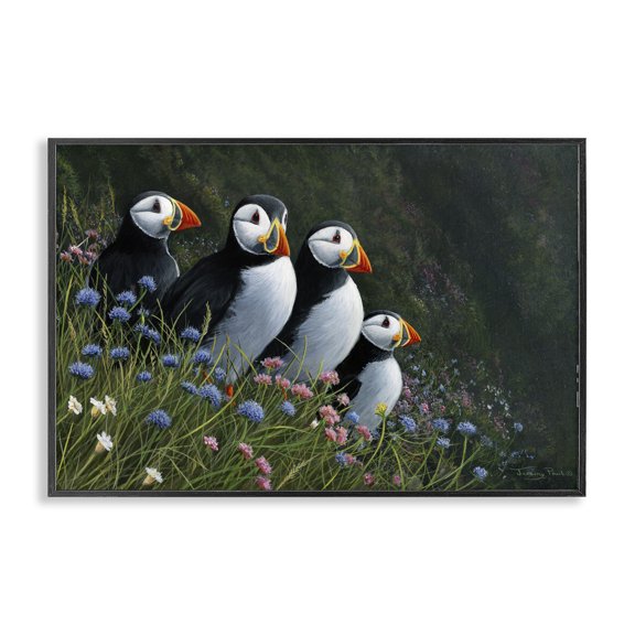 Stupell Industries Traditional Puffins & Wild Flowers Black Framed Giclee Art, 18 x 12, by Jeremy Paul