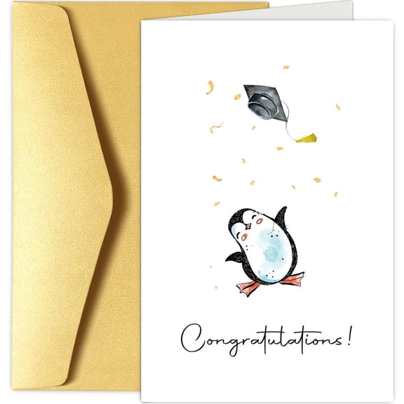 Adorable Penguin Graduation Card – Cute Congrats Design with Gold Envelope – Perfect Greeting for Graduates to Celebrate Achievements