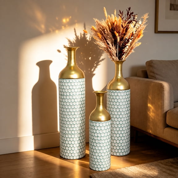 TheEshow White & Gold Leaf Pattern Decorative Iron Floor Flower Vases Set of 3 for Home , LivingRoom, Entryway