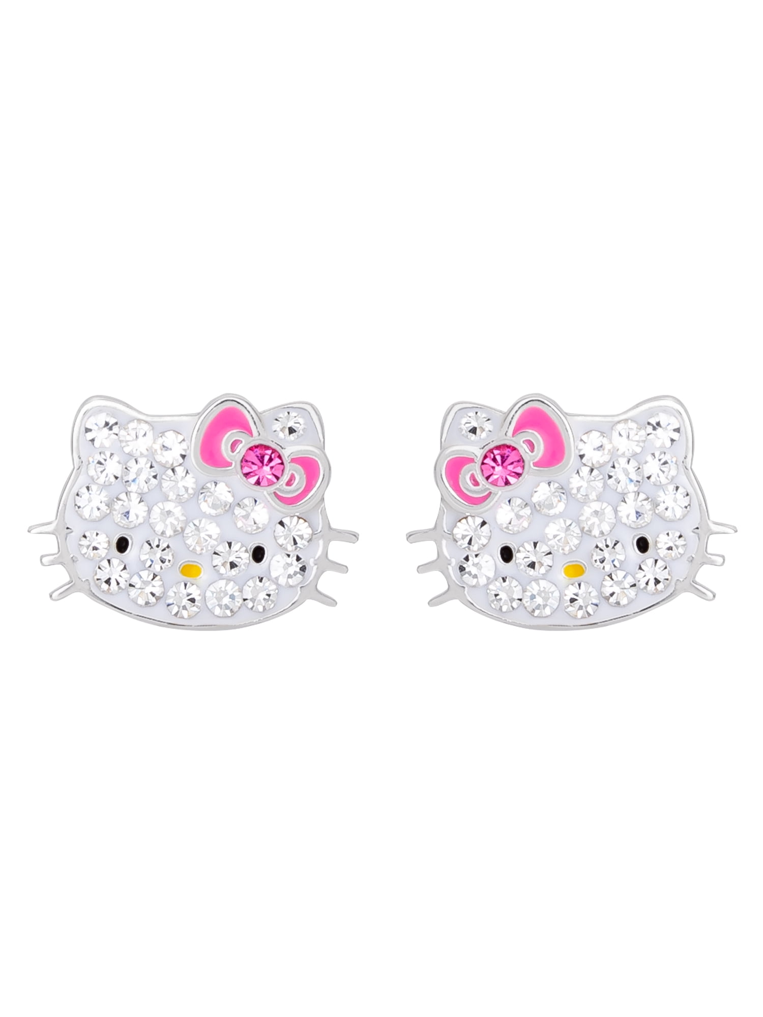 USA! Hello Kitty Sterling Silver Earrings~ Petitie Clear Austrian Crystals 