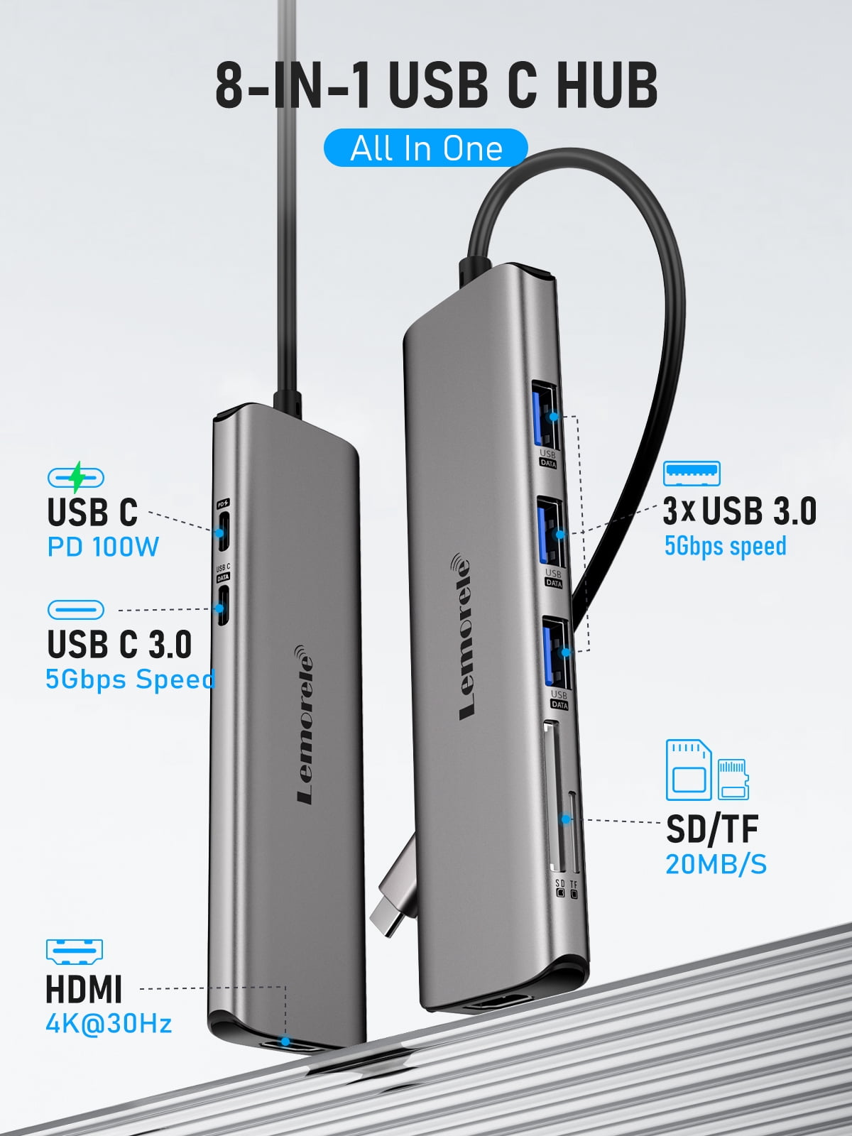 Lemorele TC38L Multiport Adapter 8 IN 1 USB C Docking Station, 100W PD Charging, 4K HDMI, 3xUSB 3.0, SD/TF Card Reader USB C Hub for MacBook, Windows Laptop, iPad, Switch