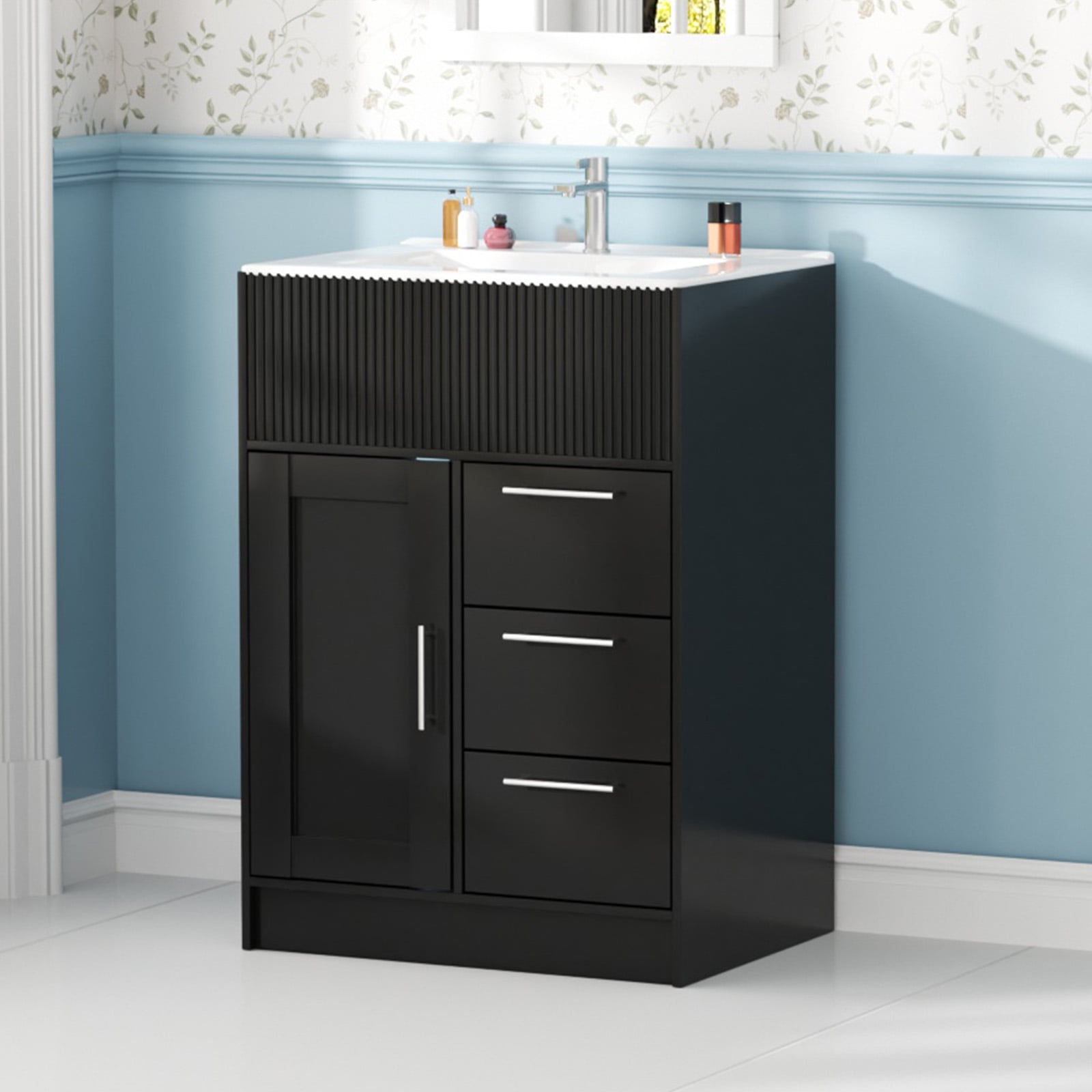 Advwin 24" Freestanding Bathroom Vanity with Ceramic Sink, Modern Bathroom Storage Cabinet with 3 Drawers, Black