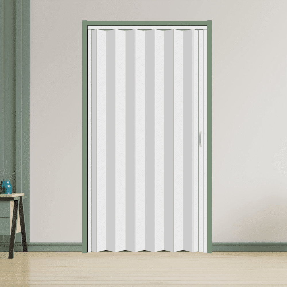 60"x80" White PVC Accordion Style Door - Space Efficient Sliding System for Bedrooms & Walk-In Closets