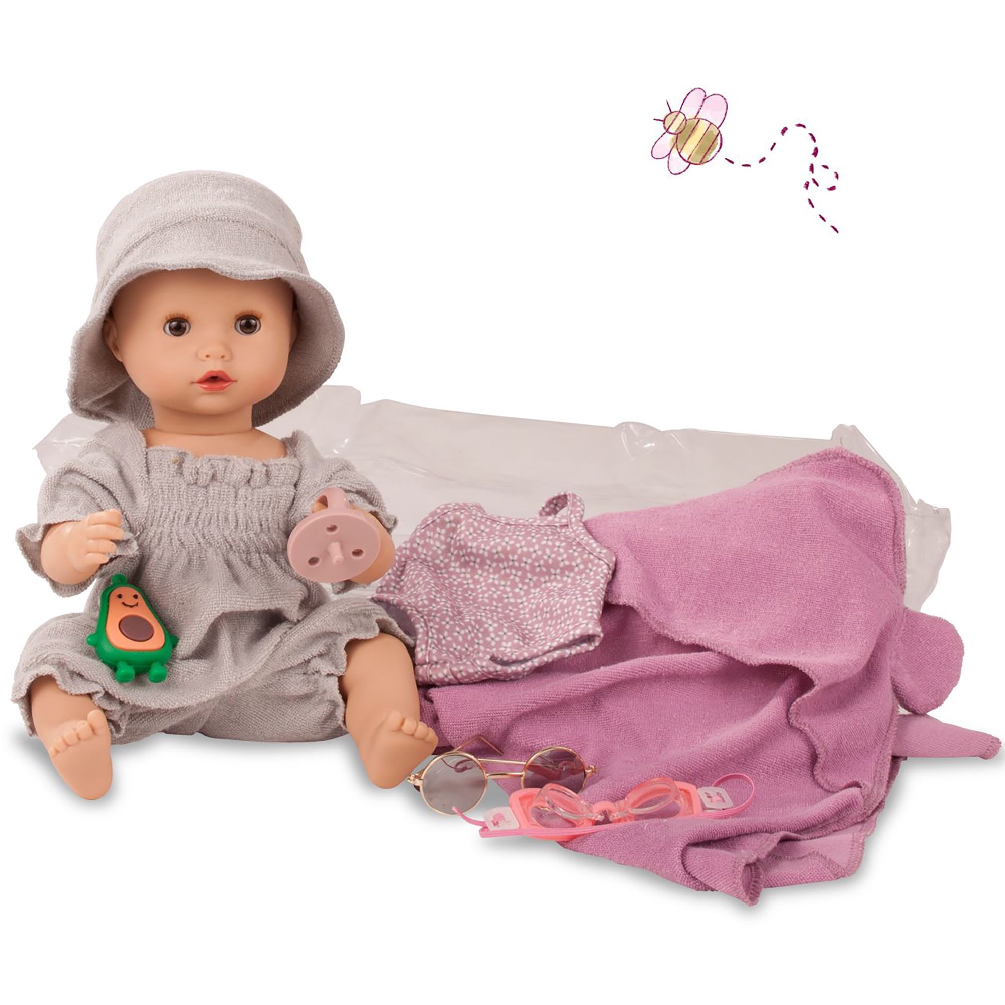 Gotz Sleepy Aquini 13" Baby Baby Drink and Wet Doll with Bathing Suit, Goggles, Sunglasses and More