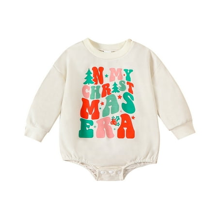 

Baby Christmas Romper Long Sleeve Crew Neck Holly Berry Letter Print Bodysuit Newborn Winter Playsuit