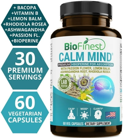 Biofinest Calm Mind Supplement - Premium Anxiety & Stress Relief - Herbal Formula Pills with Rhodiola Rosea Ashwagandha - To Soothe & Relax, Promote Calm, Positive Mood (60 Vegetarian (Best Foods For Stress And Anxiety)