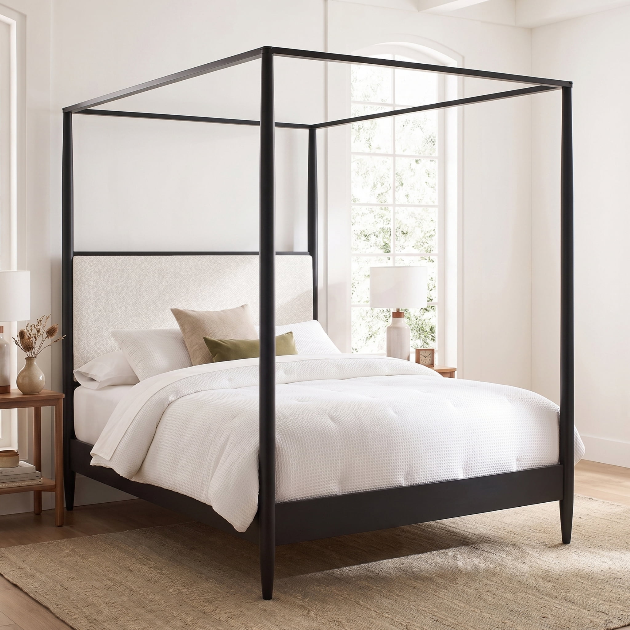 Euroco Modern Wood Queen Size Canopy Bed, Mid-Century 4-Poster Platform Bed with Boucle Upholstered Headboard and Tapered Legs, No Box Spring Needed, Black