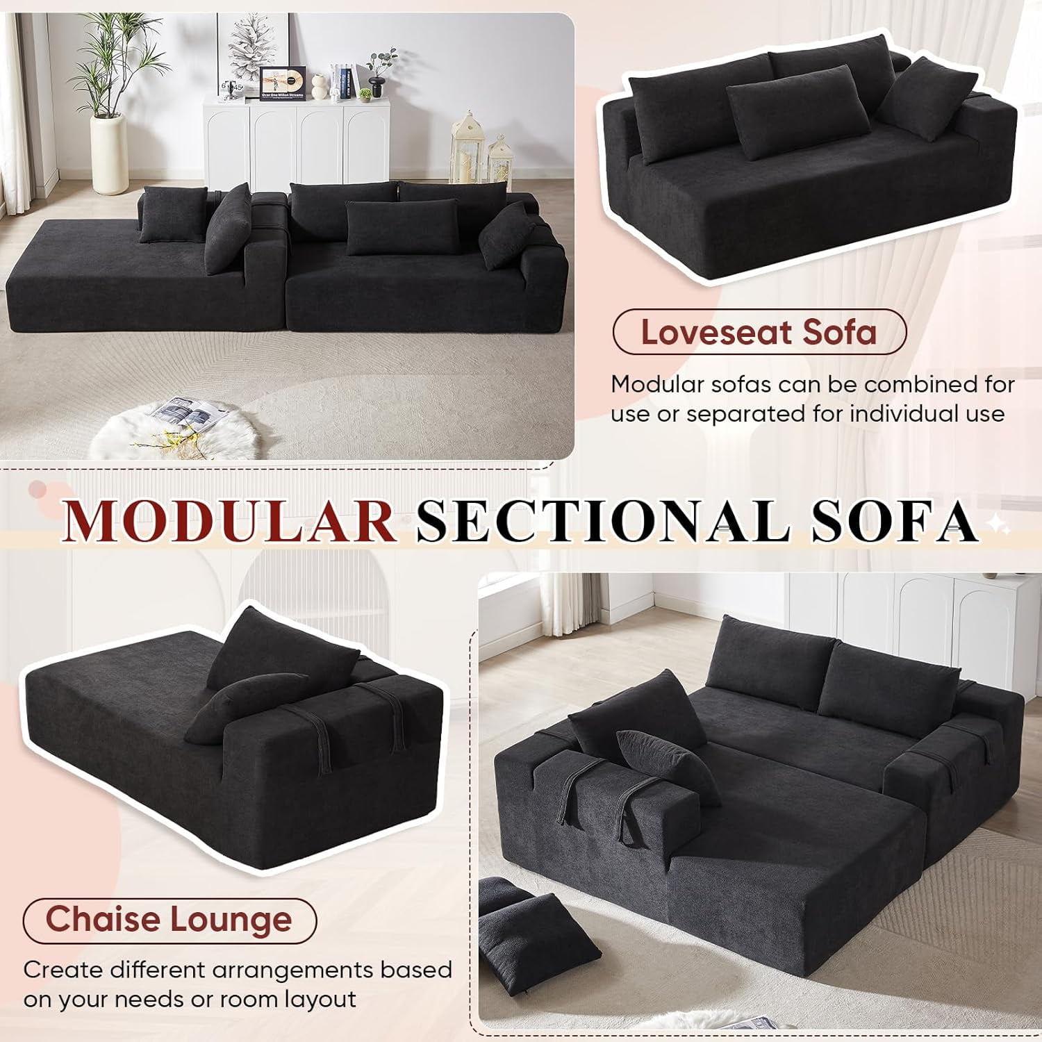 AENKYO 108" Chenille L-Shaped Sectional Sofa Set with 6 Pillows, Free-Combination Modular Couch for Living Room, Black, Left-Facing Chaise