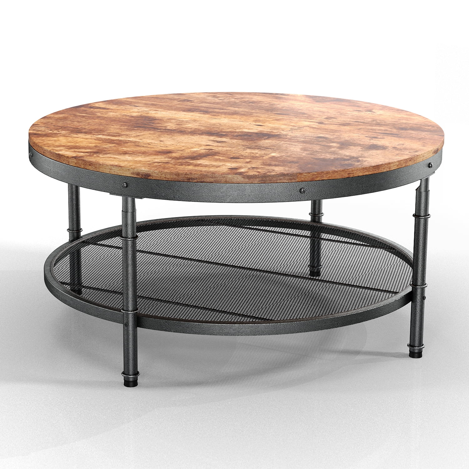 Kadyn 2-Tier Round Coffee Table, Particle Board Coffee Table with 3D Texture Metal Frame and Mesh, Modern Round Coffee Table for Living Room, Rustic Brown Kadyn 2-Tier Round Coffee Table, Particle Board Coffee Table with 3D Texture Metal Frame and Mesh, Modern Round Coffee Table for Living Room, Rustic Brown