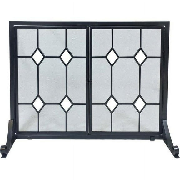 Glass Diamond Design Wrought Iron Panel Screen with Doors, Black & Glass