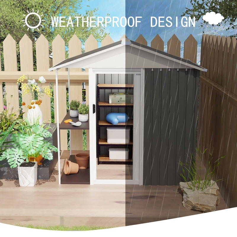 6x4 FT Outdoor Storage Shed with Rack, Bike Tool Storeroom with Vent, Metal Shelter with Roof for Lawn Backyard