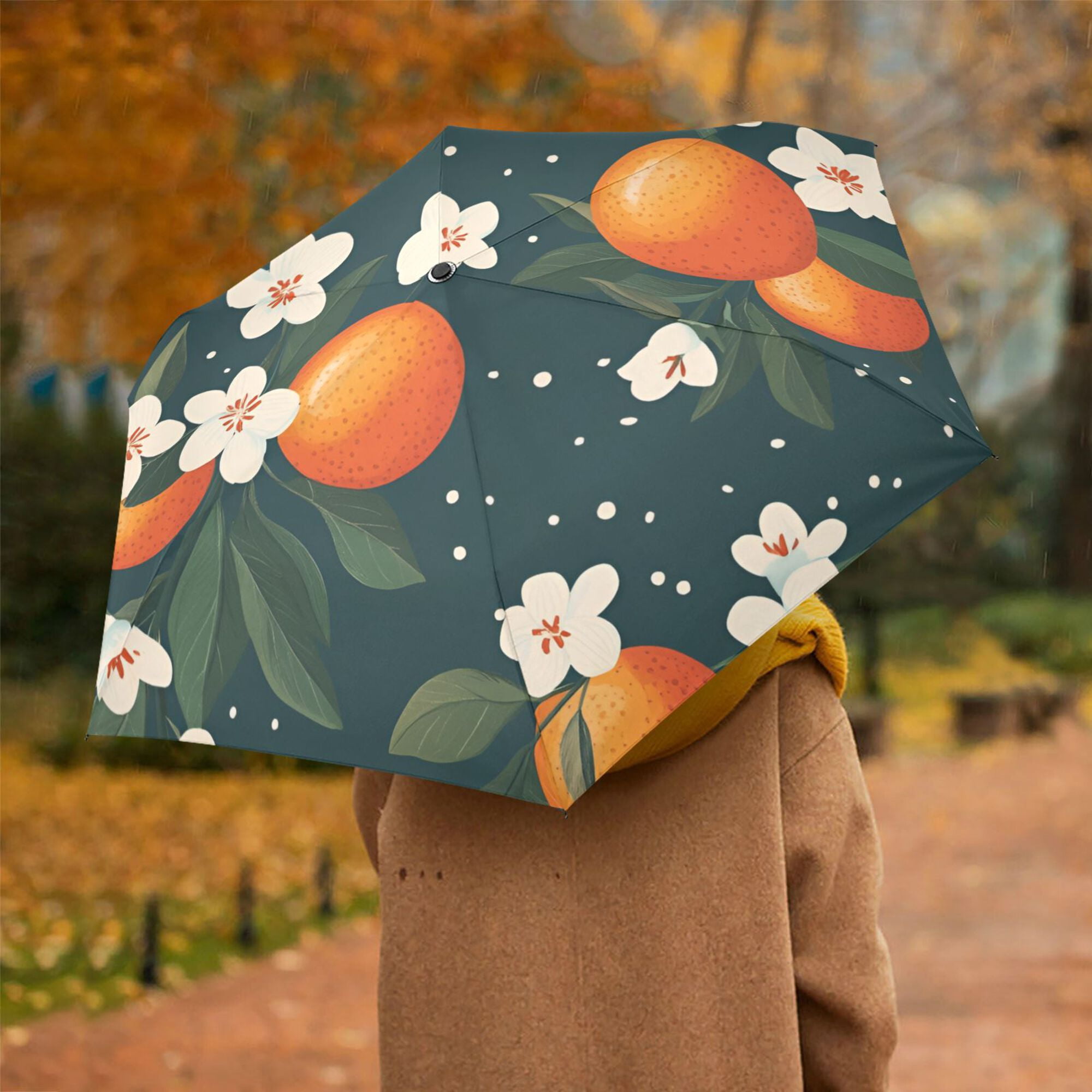 FORMRS Travel Umbrella Folding Auto Open Close Windproof Rain UV Protection, Blue Floral Oranges