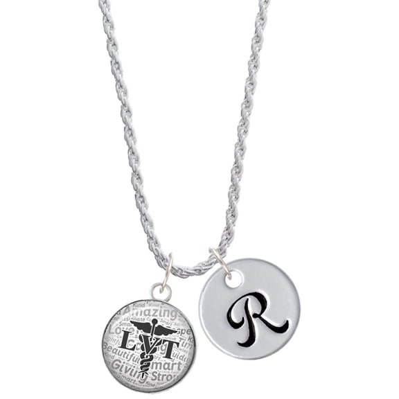 Delight Jewelry Silvertone Domed Black LVT Silvertone Script Initial Disc - R - Charm Necklace, 20" 3"