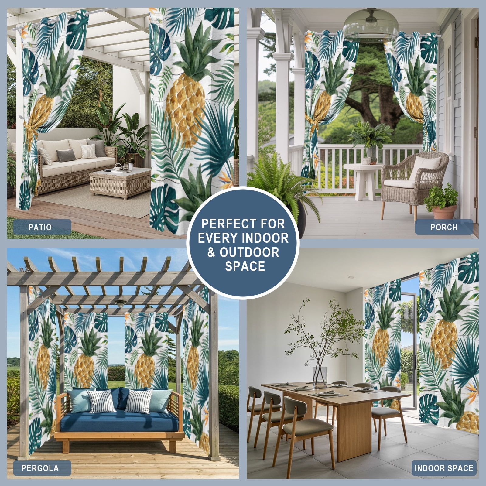 Gold Pineapple Outdoor Curtains for Patio, Monstera Leaves Tropical Botanical White Wood Striped Sunshade Privacy Drapes Grommet Waterproof Outside Curtains for Porch/Cabana/Balcony 54"x 84", 2 Panel