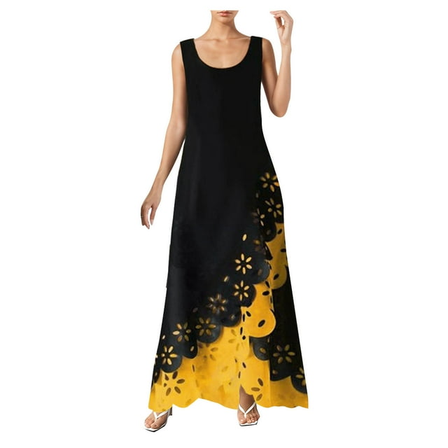 Babysbule Liquidation Robes d'Été pour Femmes, Robe Longue Maxi Sans Manches à Imprimé à Col Rond pour Femmes, Robe Chemise de Plage