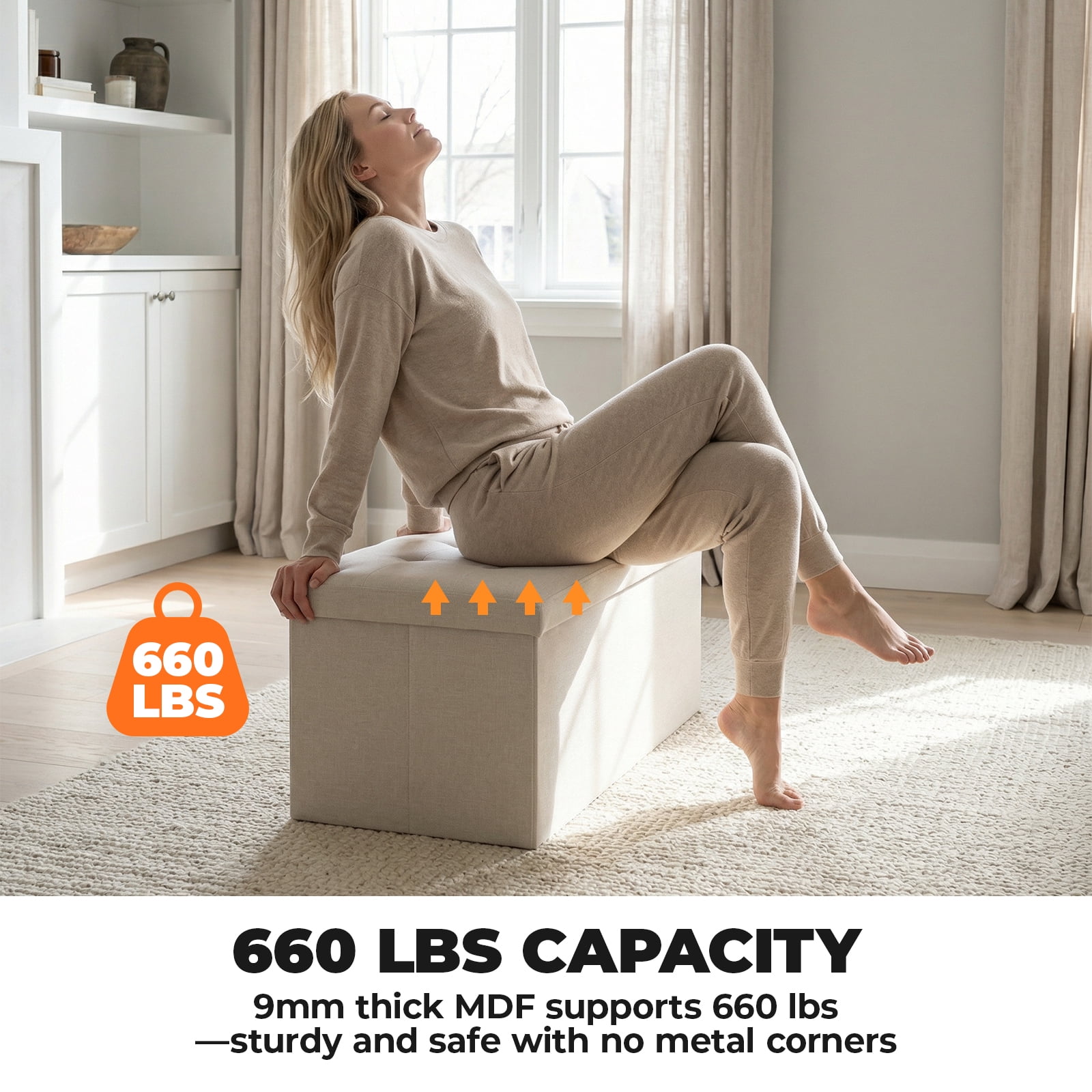 Alvantor Foldable Storage Ottoman Bench, 42 Gallon Large Capacity, 660lbs Weight Capacity, 1" Thick Foam Seat