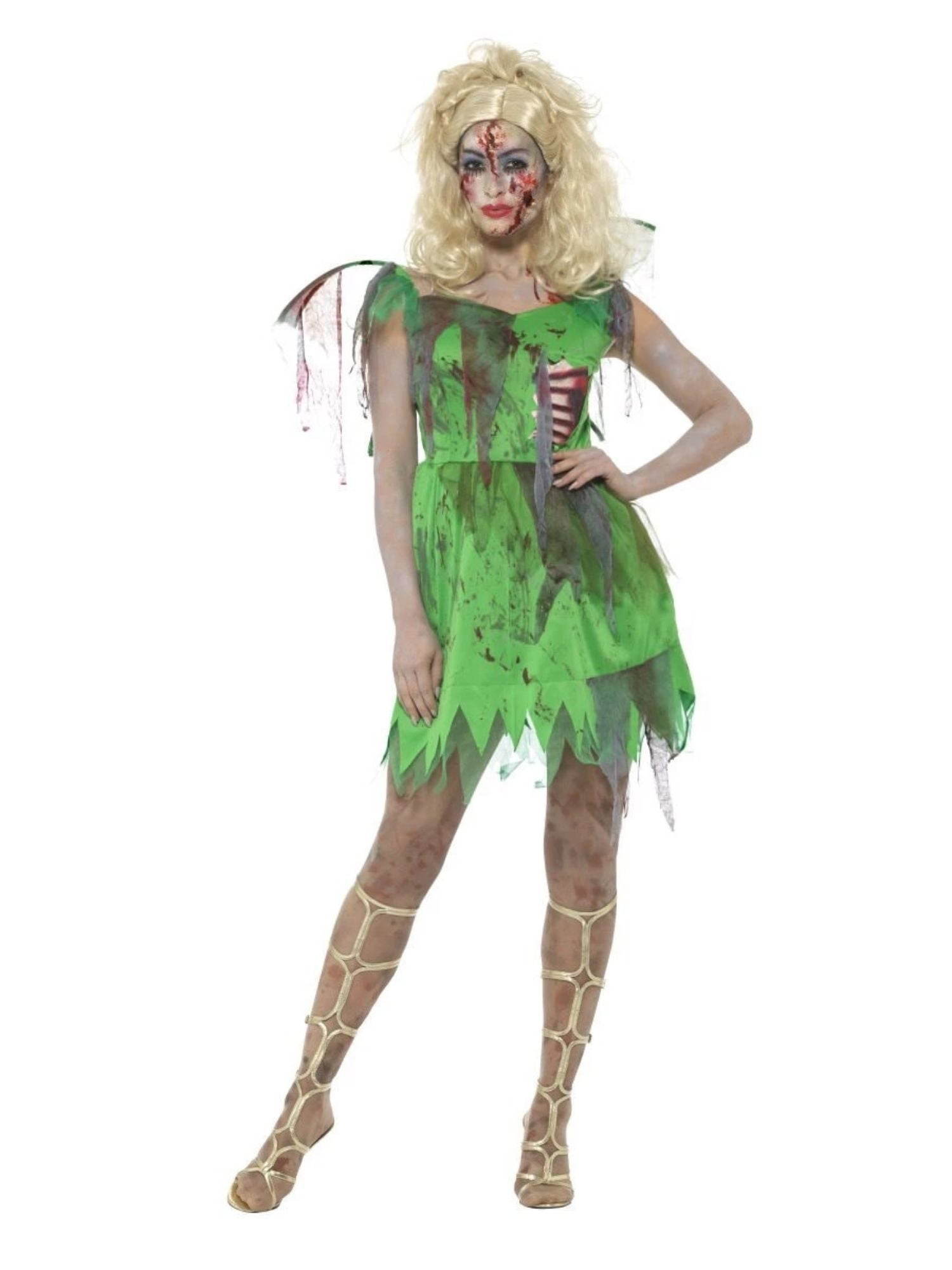 Green Zombie Fairy Tinkerbell Blood Halloween Womens Ladies Fancy Dress Costume 
