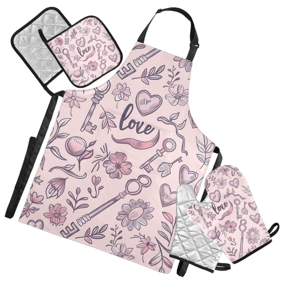 Hearts Flowers Keys 5 Pcs Kitchen Set Heat Resistant Oven Mitts and Non-Slip Pot Holders with Adjustable Cooking Apron