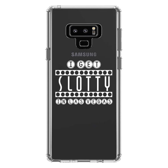 DistinctInk Clear Shockproof Hybrid Case for Samsung Galaxy Note 9 - TPU Bumper Acrylic Back Tempered Glass Screen Protector - I Get SLOTTY in Las Vegas