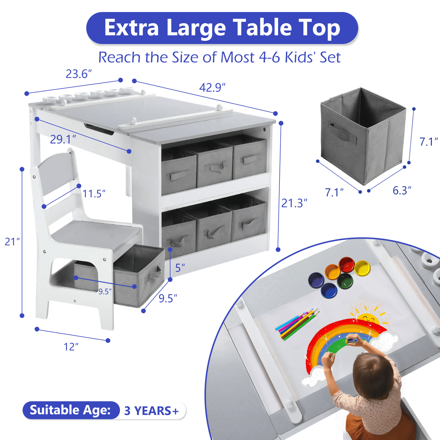 LINLUX Kids Table and Chair Set with Paper Roll, 3-in-1 Activity & Drawing Table, Toddler Art Desk with Storage Shelves, Children Study Play Table Set, Grey