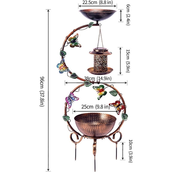 37.8" Bird Bath and Solar Bird Feeders Combo with Flower Planter Pedestal, Metal Bird Baths for Outdoors, Decorative Birdbath with Butterfly for Outside Garden Yard, Weather Resistant