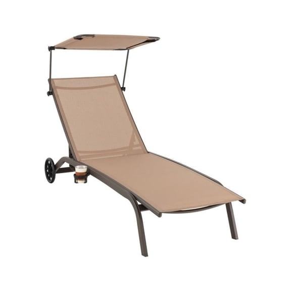Patio Chaise Lounge Chair with Canopy - Heavy Duty Adjustable Outdoor Recliner with Cup Holder & Wheels - Brown