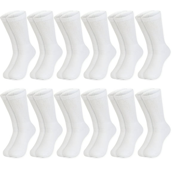 12 Pairs Value Pack Cotton Diabetic Socks Crew for Men and Women White (Size 10-13)