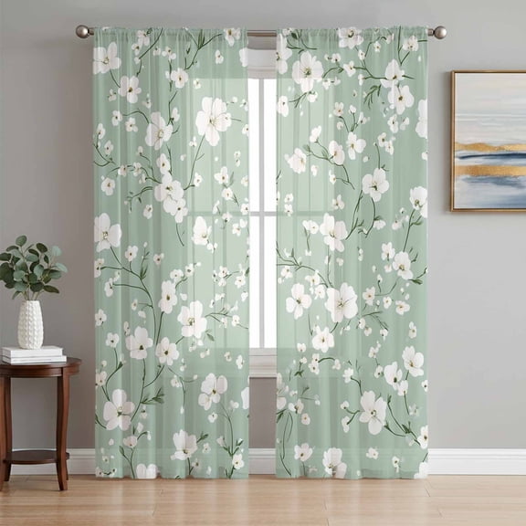 White Spring Floral Sheer Curtains 63 Inch Length 2 Panels Set, Sage Green Botanical Watercolor Voile Window Treatment Rod Pocket Curtains Sheers Drapes for Bedroom/Living Room/Kitchen 52x"63"x2