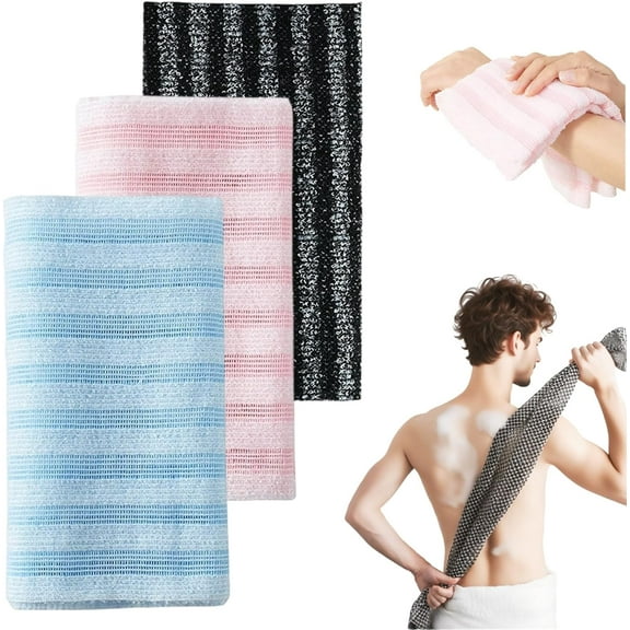 3-Pack Exfoliating Shower Towel, 39.3*10.2In Dual Sided Body Scrub Towel for Back, Reusable Long Washcloth for Men and Women
