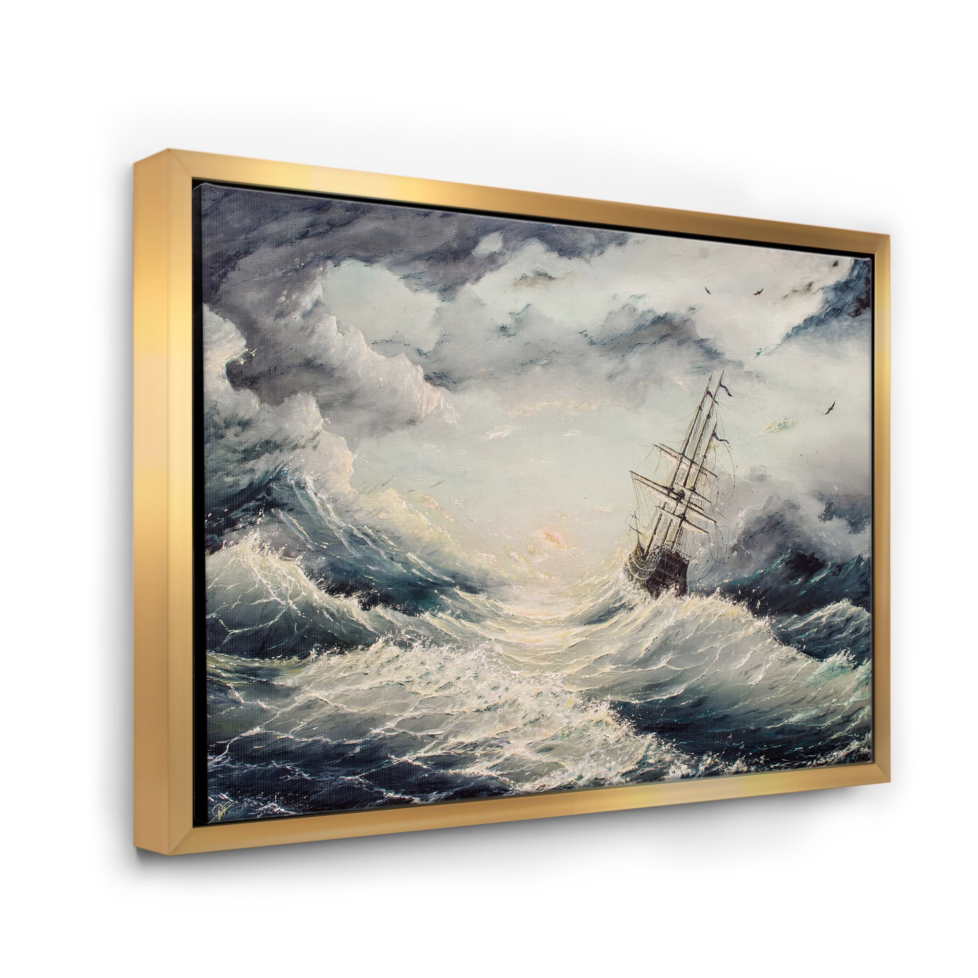 Ship Struggles With The Sea Storm 20 in x 12 in Framed Painting Canvas Art Print, by Designart