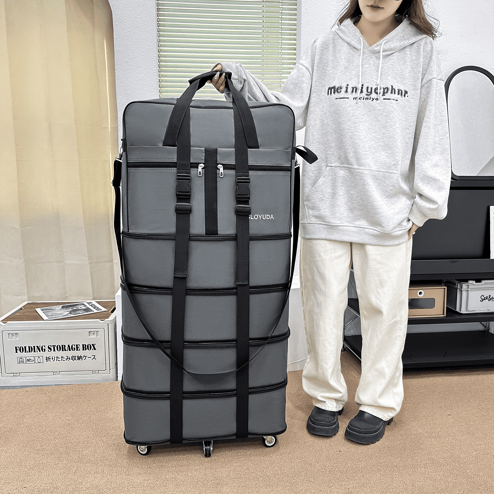 Gloyuda 42 inch Rolling Bag, Duffle Bag with Wheels, Rolling Tote Bags with Wheels, Collapsible Luggage, Travel Bag with Wheels and Handle, Roller Bag with 2 Fixing Straps and 1 Shoulder Strap